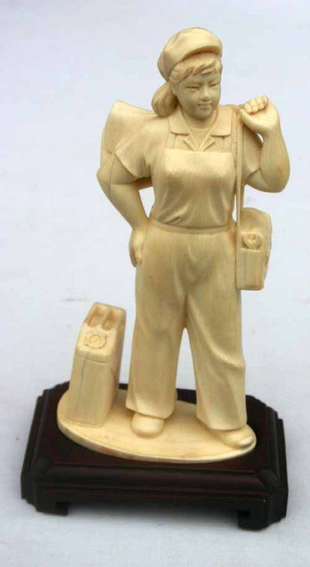 fine antique Chinese carved ivory female worker w : fine antique Chinese carved ivory female worker w tool kit & jerry can in orig box - 8" tall w orig stand