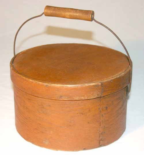antique bail handled round pantry box in pumpkin c: antique bail handled round pantry box in pumpkin colored paint - 9 3/4" diam