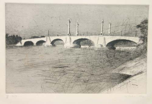 Wolf Kahn (1927-) dated 1982 black & white etching: Wolf Kahn (1927-) dated 1982 black & white etching 70/90 of the Memorial Bridge in Springfield, MA - 8 3/4" x 13 3/4"