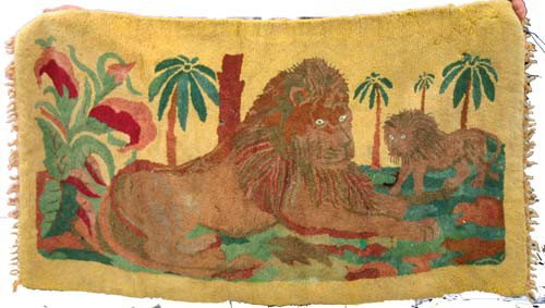 antique hooked rug w lion & cub in jungle motif - 6: antique hooked rug w lion & cub in jungle motif - 62"x34"