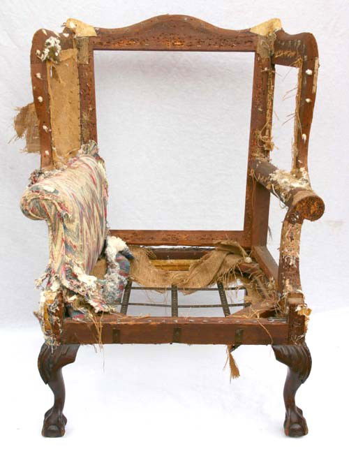 rare period Chippendale mahog carved ball & claw ft: rare period Chippendale mahog carved ball & claw ft upholstered wing chair frame - as found