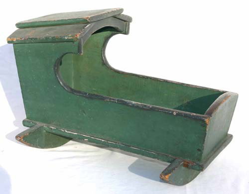 early 19thC pine all orig hooded doll's cradle in : early 19thC pine all orig hooded doll's cradle in old green paint - 17" long