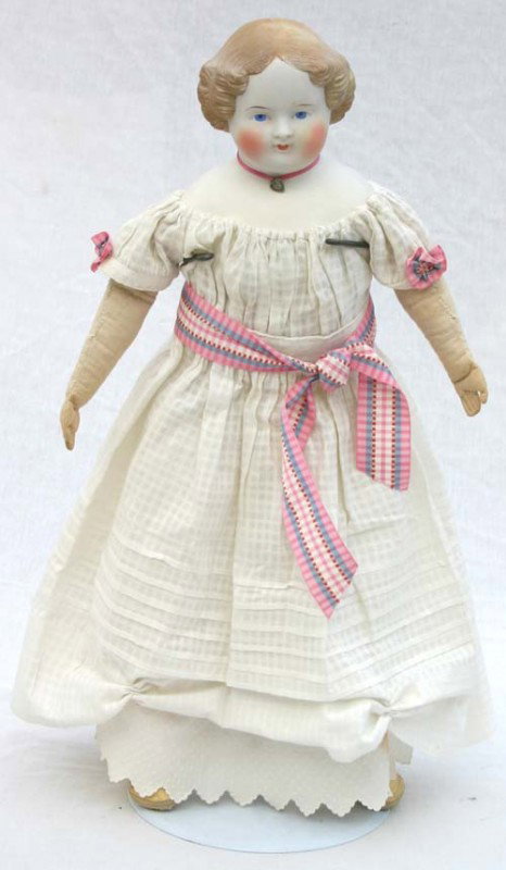 ca 1860 23" Parian head German doll w molded should: ca 1860 23" Parian head German doll w molded shoulder plate, vintage cloth body & kid legs in vintage clothing - beautiful doll w restoration