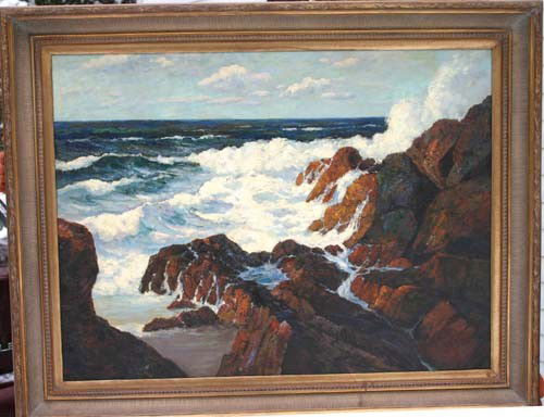 Mid to late 20thC school of William Frederick Ritsc: Mid to late 20thC school of William Frederick Ritschel 30x40 o/c brilliant & beautiful Carmel, CA seascape - bears an incised Wm Ritschel signature