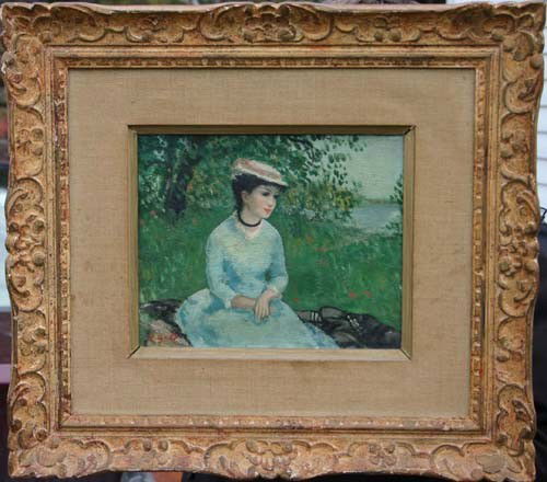 Francois Gall (1912-1987) 8 1/2 x 10 1/2 o/c portra: Francois Gall (1912-1987) 8 1/2 x 10 1/2 o/c portrait of a woman in a lakeside setting titled on verso "Jeune Femme a la Campagne"