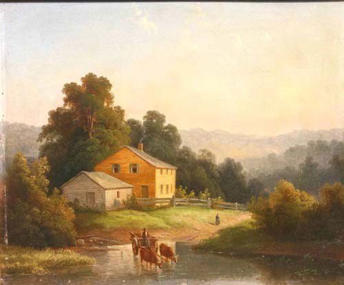 unsgnd 10x12 o/bd landscape titled on verso "Tiger: unsgnd 10x12 o/bd landscape titled on verso "Tiger's Homestead, NH" attrib to David Johnson (1827-1908)