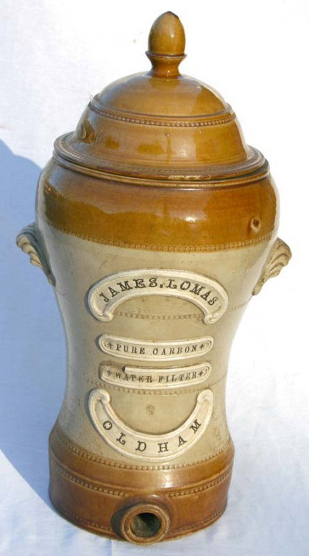 rare mid 19thC "James Lomas Oldham" stoneware cove: rare mid 19thC "James Lomas Oldham" stoneware covered water cooler - 23 1/2" tall