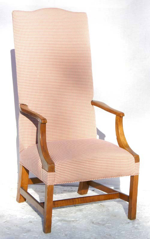 ca 1790 period Hepplewhite CT maple country lollin: ca 1790 period Hepplewhite CT maple country lolling chair on stretcher base in gingham upholstery - 46" tall