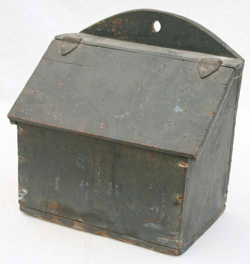 ca 1720-50 CT yellow pine wall box w rosehead nail: ca 1720-50 CT yellow pine wall box w rosehead nails in old black paint over orig blue - 14" tall x 13 1/2" wide x 8 1/2" deep