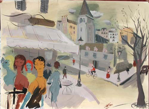 lot of 2 Charles Levier (1920-2004) 20 1/2 x 27 mi: lot of 2 Charles Levier (1920-2004) 20 1/2 x 27 mixed media paintings of Parisian street scenes