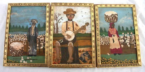 lot of 3 wonderful Sandra E. Anderson 9x6 o/bd fol: lot of 3 wonderful Sandra E. Anderson 9x6 o/bd folk art African American scenes featuring cotton pickers & a banjo player in matching frames - 1 sgnd