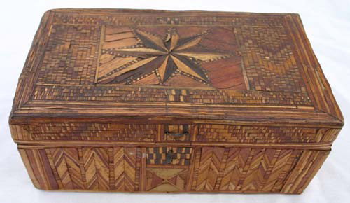 ca 1790-1810 French P.O.W. straw work box w compa: ca 1790-1810 French P.O.W. straw work box w compass rose dec, etc - 8 1/2" wide x 4 3/4" deep x 3 3/4" tall