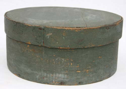 fantastic large ca 1850 slate blue painted New Eng: fantastic large ca 1850 slate blue painted New England pantry box in excellent condition - rare size & wonderful color - 15" diam x 6 1/2" tall