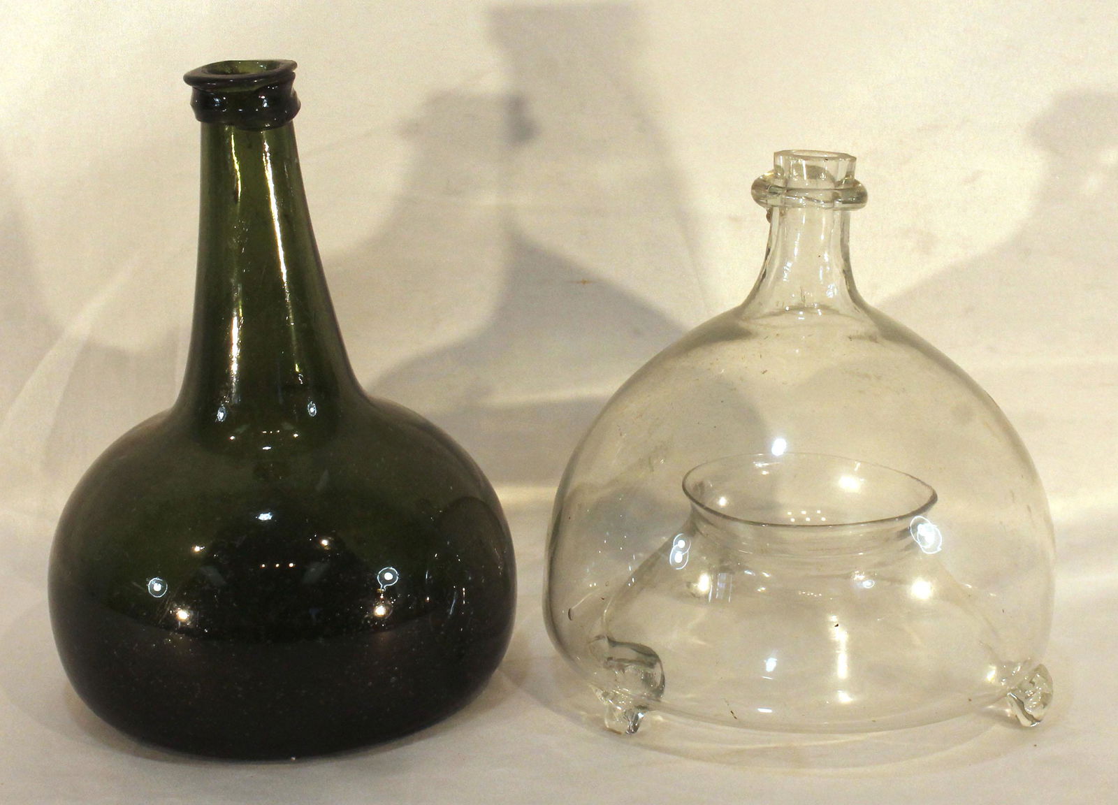 Lot of 2 antique bottles incl a green onion & a clear glass fly catcher - 8" & 7" tall (1 of 9)