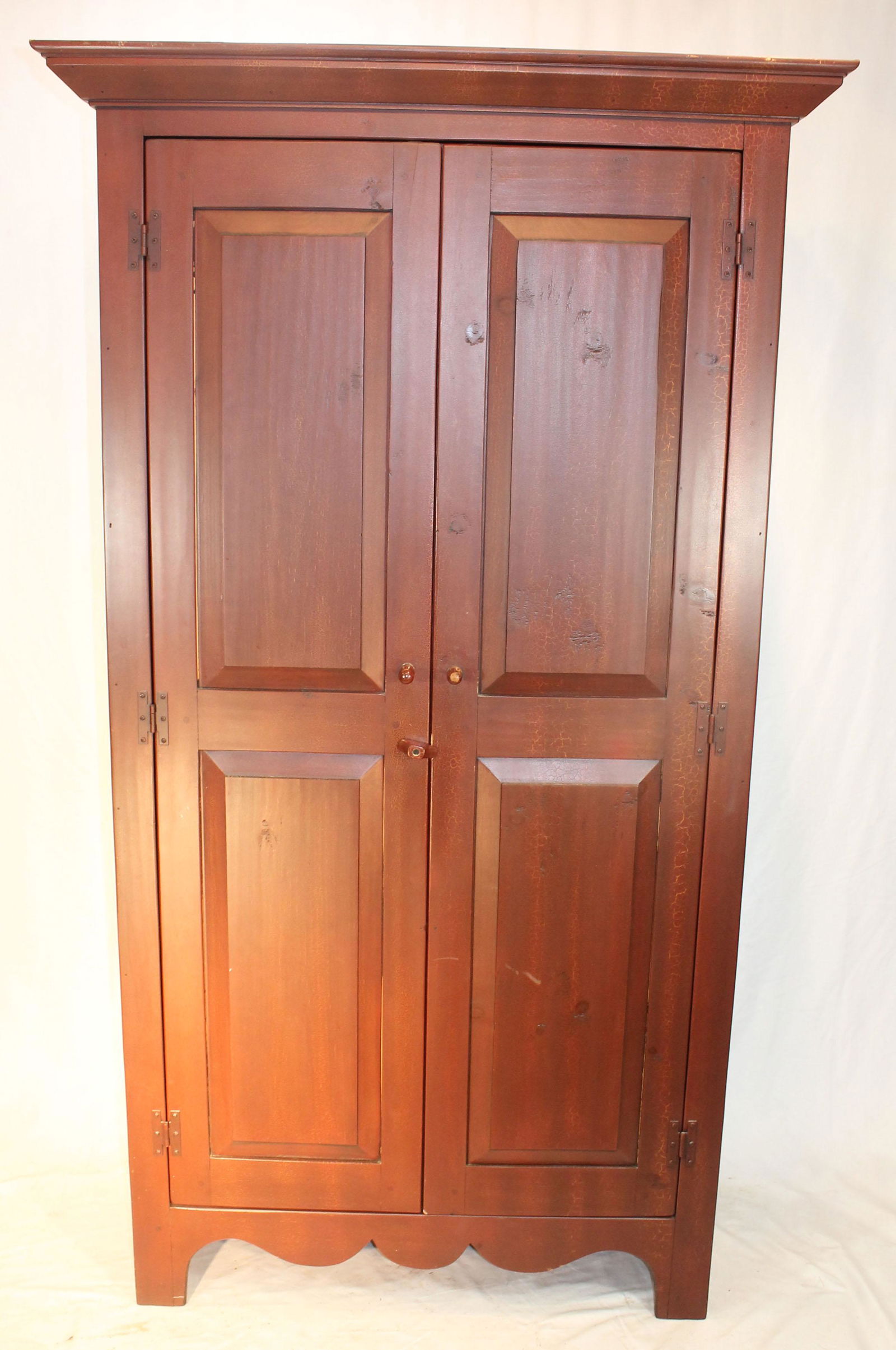 Contemporary antique style 2 door cupboard in red paint - 72 3/4" tall x 40 1/2" wide x 18 1/2" deep (1 of 3)
