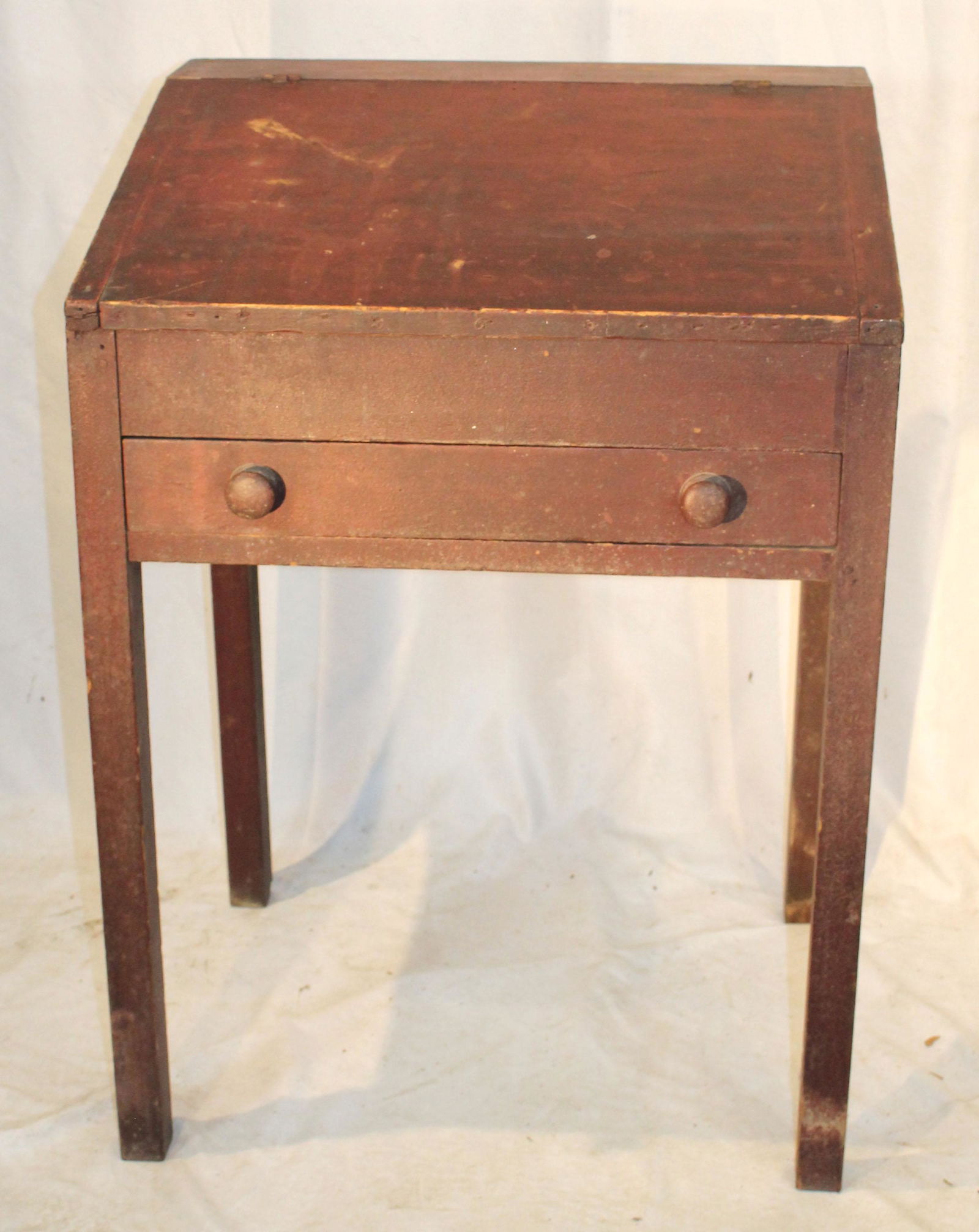 Antique slant top 1 drawer desk in red paint - 34 1/2" tall x 24 1/2" wide x 20" deep (1 of 5)