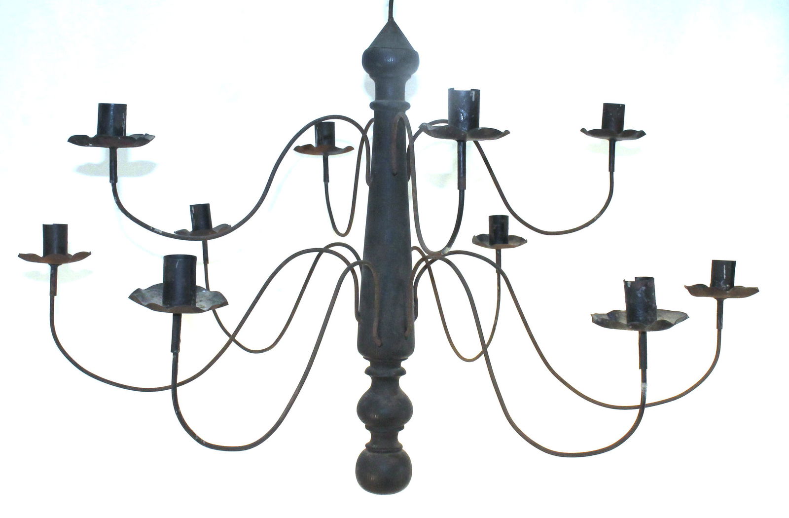 Primitive style 2 tier 10 arm candle lamp w black or very dark brown wooden center finial - approx (1 of 5)