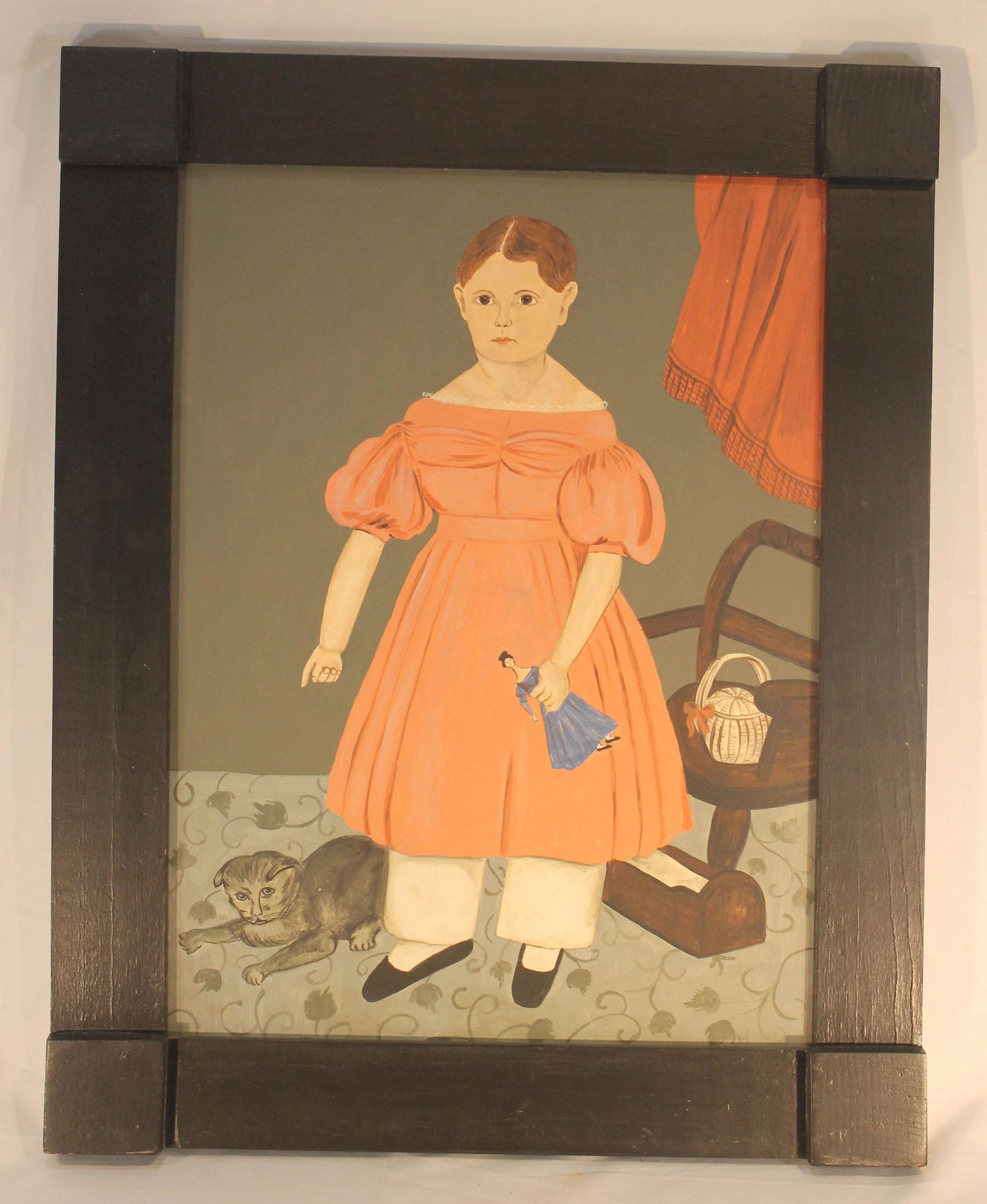 Contemporary primitive folk art style oil on board portrait of a child with a kitten and a doll - 23 (1 of 6)