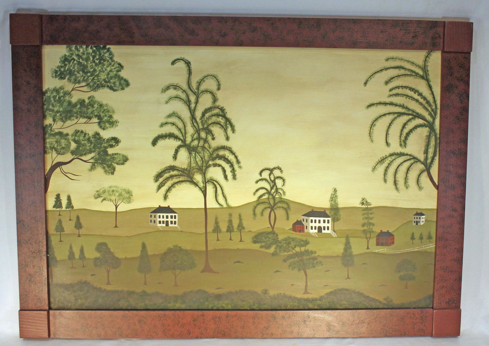Contemporary primitive folk art style o/bd village scene - overall framed size 28"x38 1/2" (1 of 7)