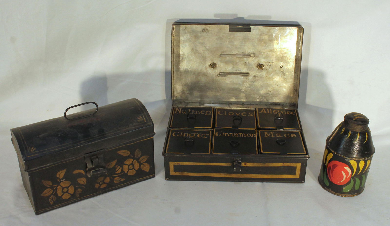 3 pieces of vintage tole incl a spice box, dome top document box & a small milk can - 9 1/2"x6 1/2" (1 of 7)