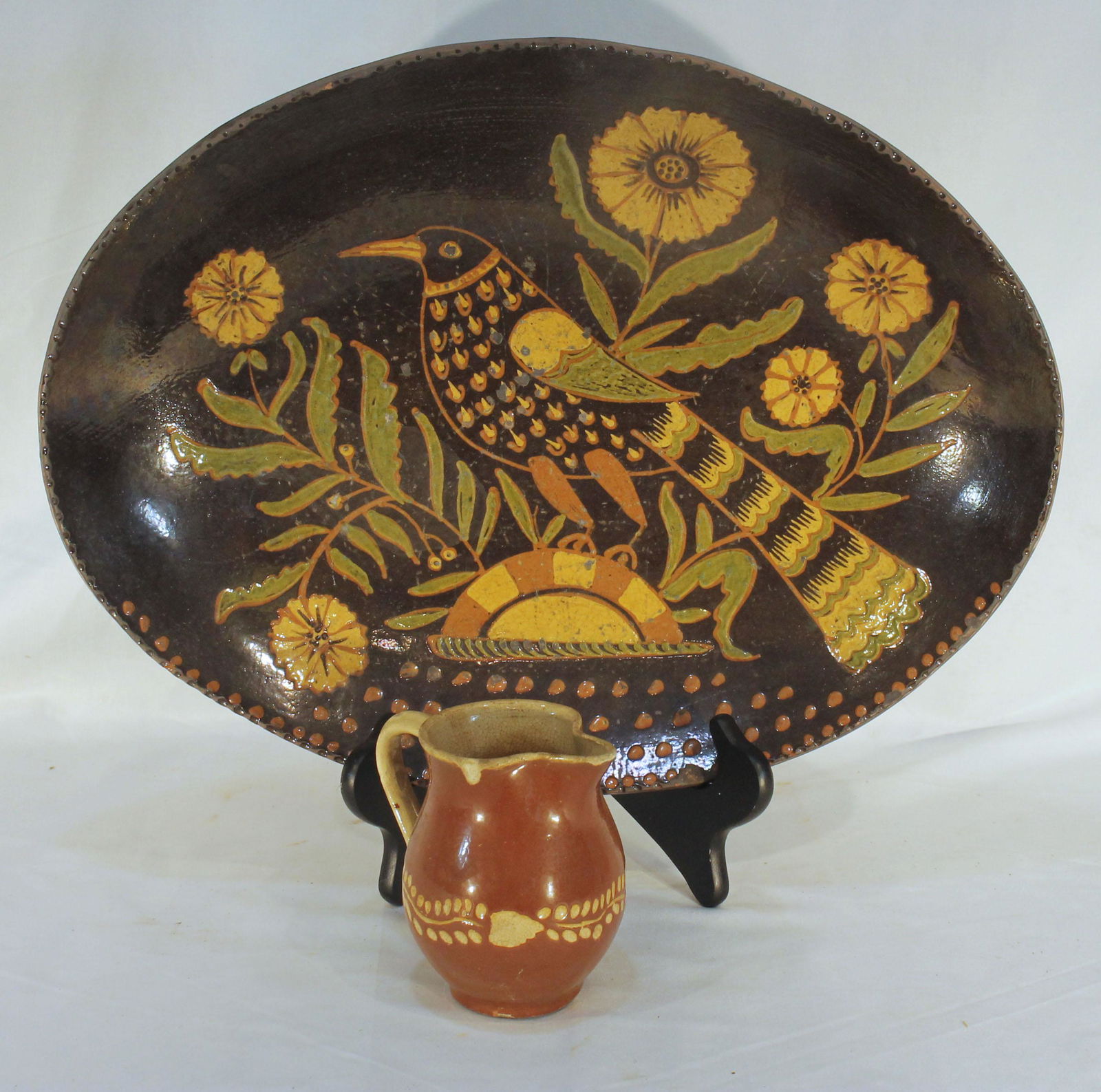 Contemporary redware lot incl a platter w bird & sunflower slip decoration sgnd Mary Spellmire (1 of 8)