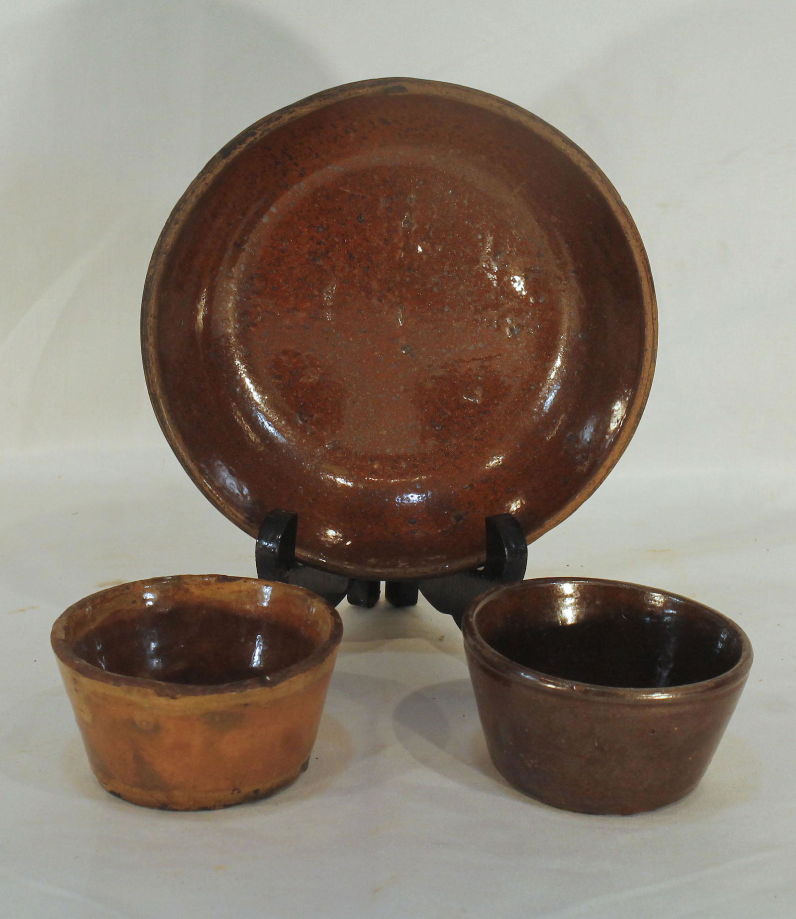 3 pieces of Redware incl an antique milk dish & 2 vintage ramekins - 6 1/4" milk dish & two 3 1/4" (1 of 6)