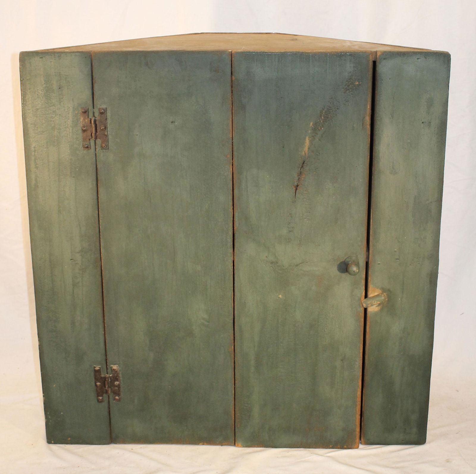 Vintage antique style hanging corner cupboard in green paint - 32" tall x 31 1/4" wide (1 of 4)