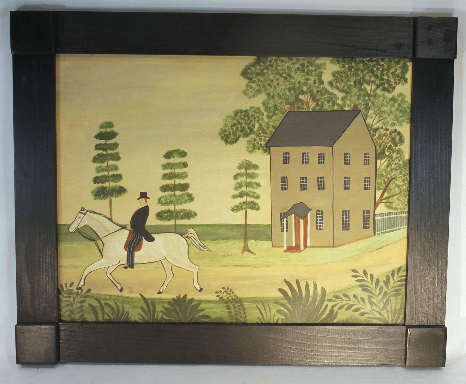 Contemporary primitive folk art style o/bd of a gentleman on horseback & a house - 21 1/2" x 26 1/4" (1 of 5)