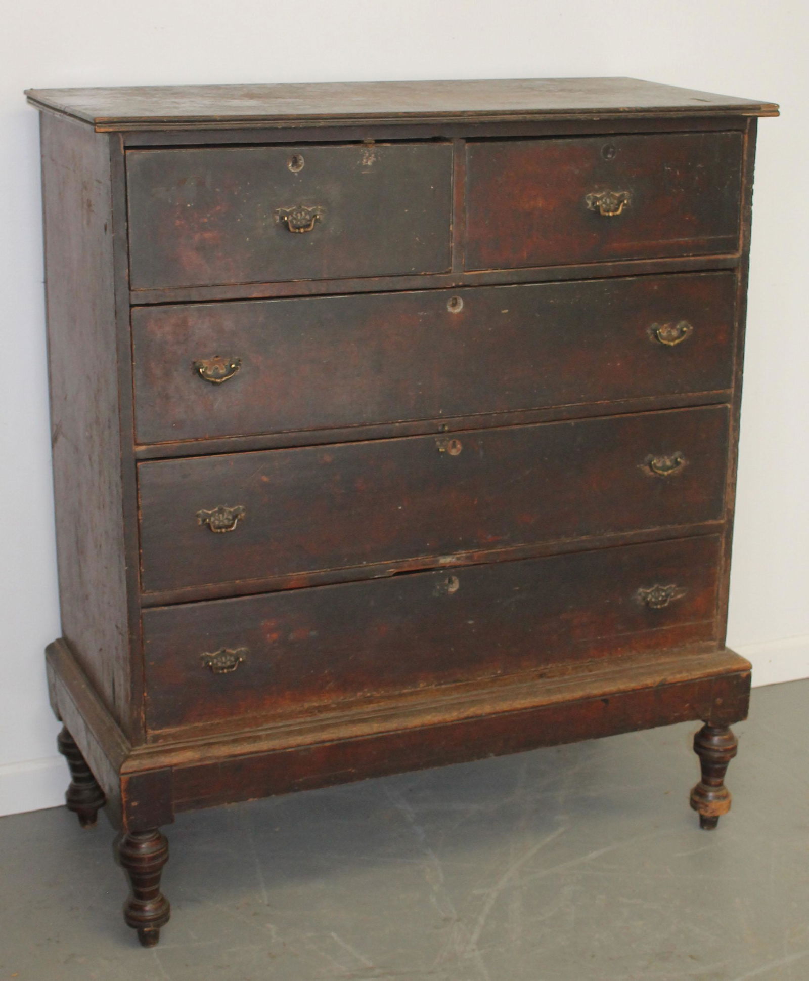 Early 19thC 2 over 3 dr oak chest in old crusty surface - replaced brasses - 48 1/2" tall x 41 1/2" (1 of 8)