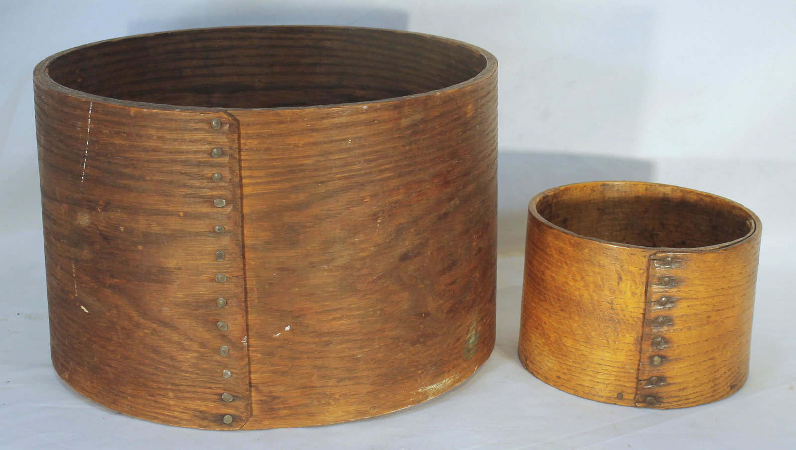 lot of 2 antique wooden measures - largest 11" diam marked E.B Frye Wilton, NH; smallest 5 1/2" diam (1 of 7)