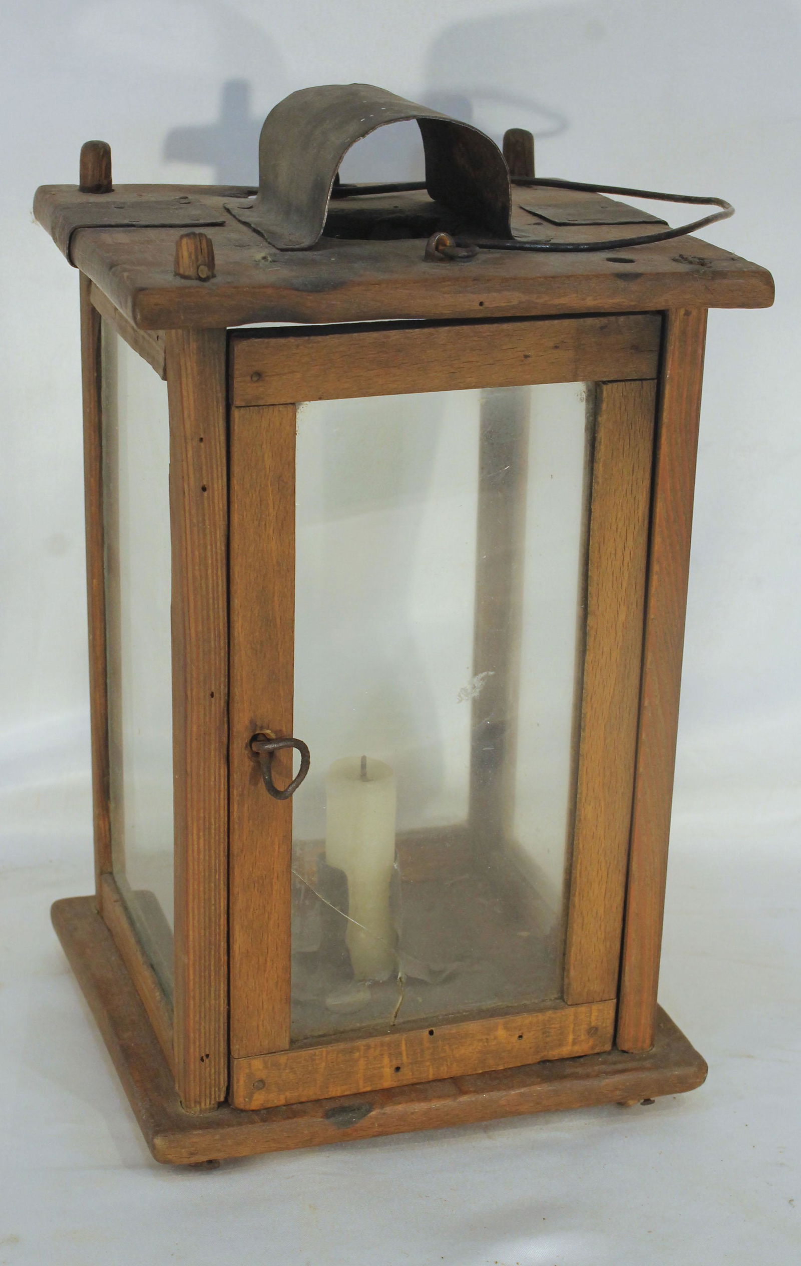 Antique wooden barn lantern - as found w crack in glass door - 9 1/2" tall x 5 3/4" x 6 1/2" (1 of 5)