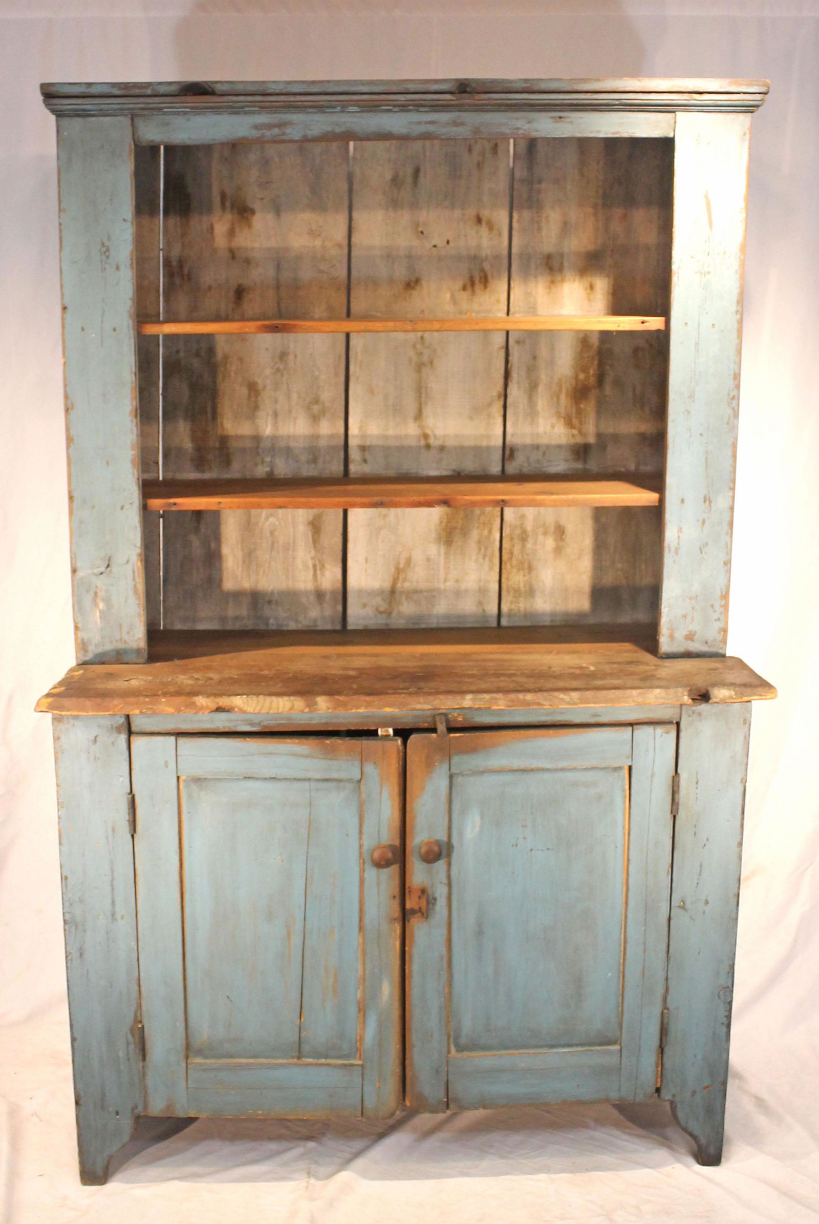 Antique stepback cupboard in blue paint - 76" tall x 48" wide x 21" deep (1 of 8)