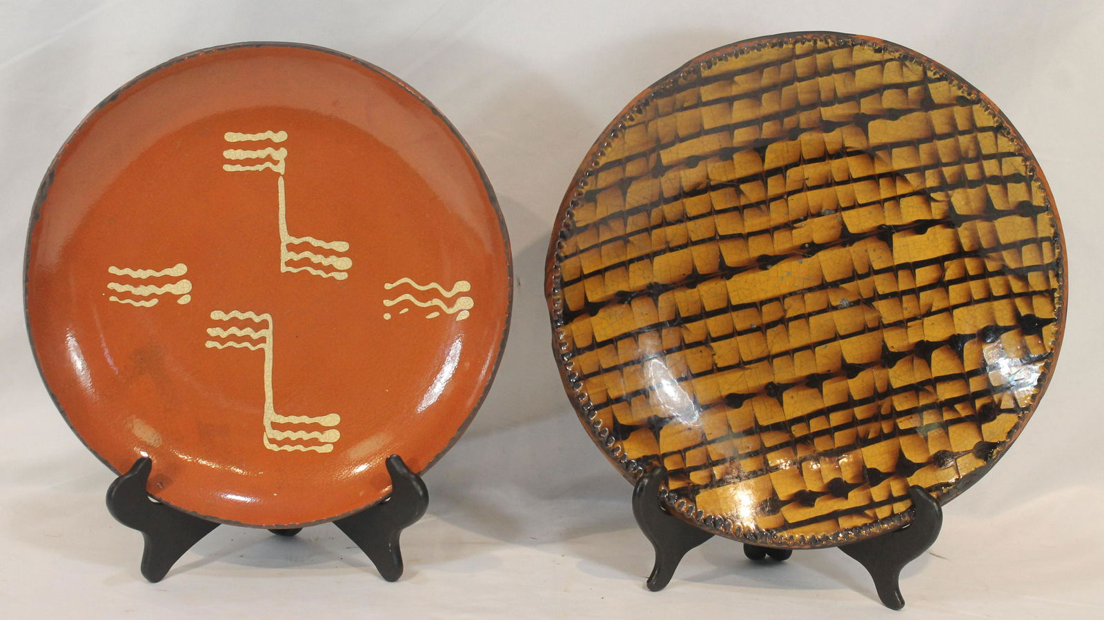2 contemporary redware slip dec chargers - 12 1/4" diam dated 1989 Turtle Creek sgnd Greg Shooner & (1 of 8)