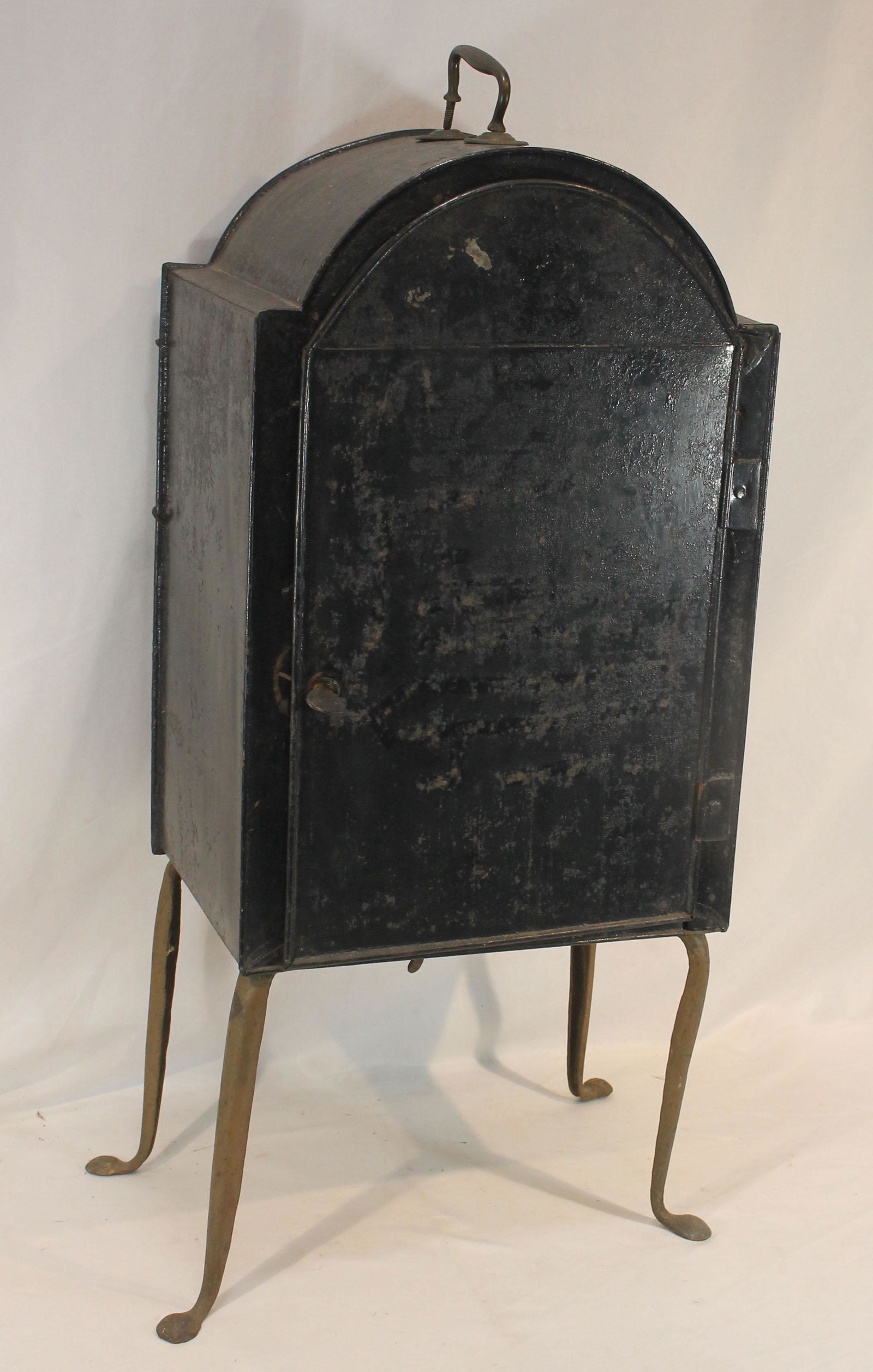 Antique tin plate warmer on brass legs - as found missing back - approx 31" tall to top of handle x (1 of 5)
