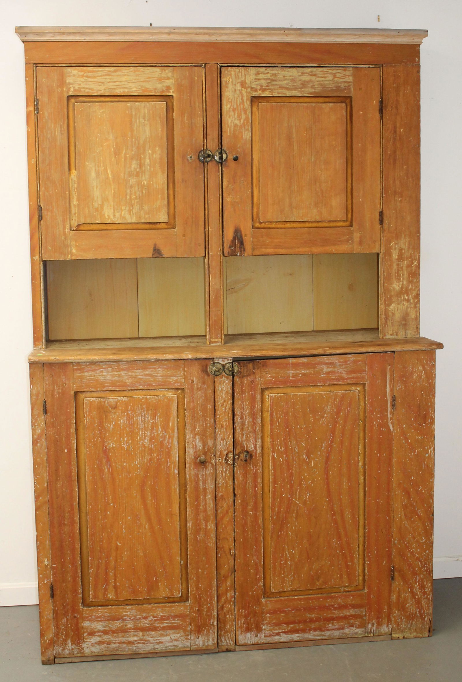 Antique stepback cupboard in traces of grain paint - 2 over w cupboard doors - as found w replaced (1 of 9)