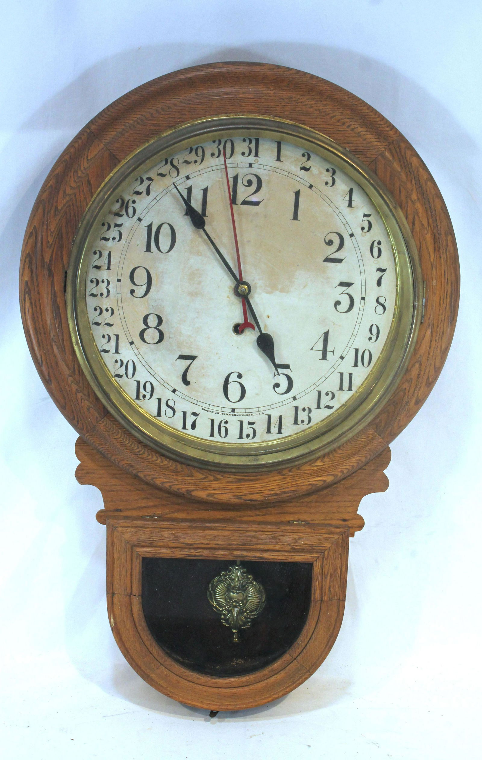 Waterbury oak schoolhouse 8 day calendar wall clock - w key & pendulum - 24" tall (1 of 4)