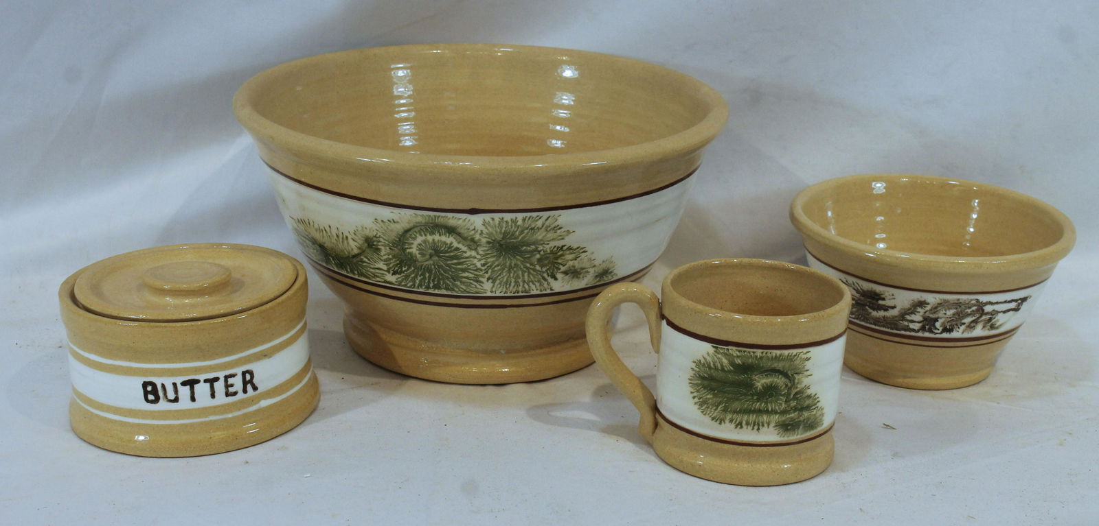 4 pieces of decorated yellowware incl 10" diam bowl, 3 1/2" diam mug, 6" diam bowl & covered butter (1 of 5)