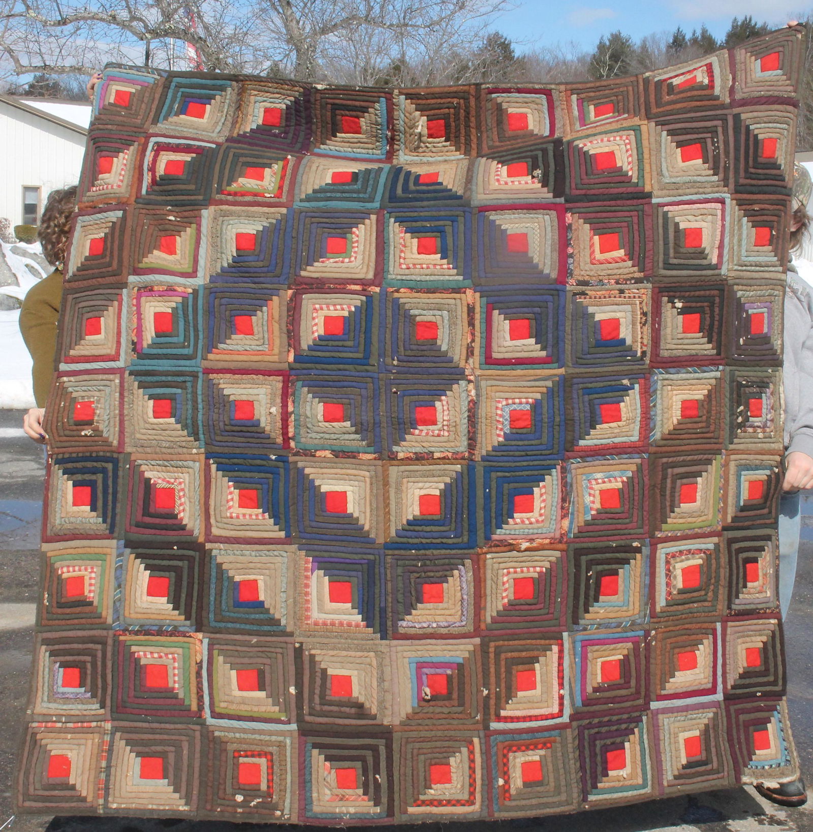 Antique log cabin quilt - as found condition - approx 80" square (1 of 7)