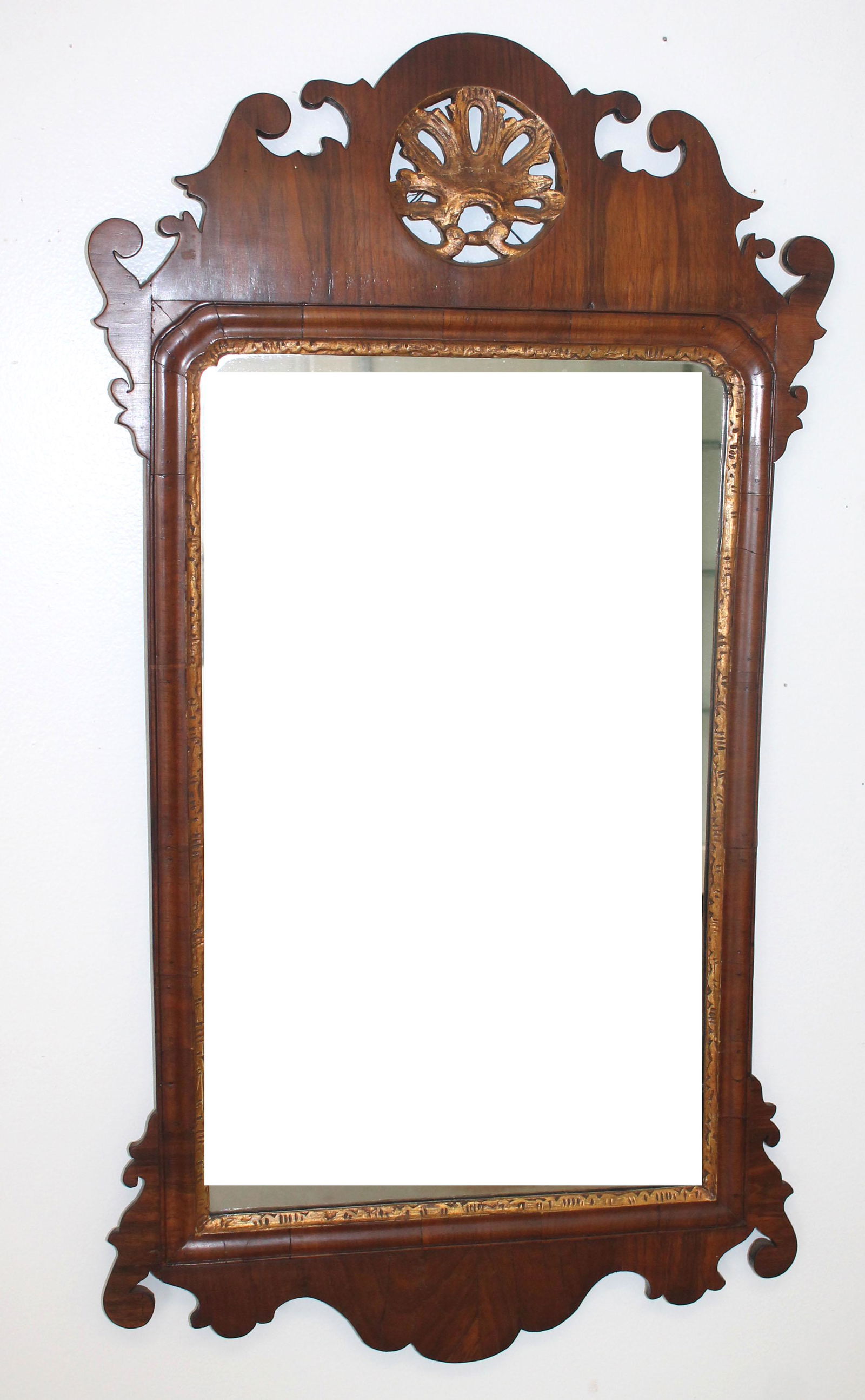 Antique Chippendale mahog mirror w shell crest - approx 38" tall x 18 1/2" wide - as found (1 of 4)