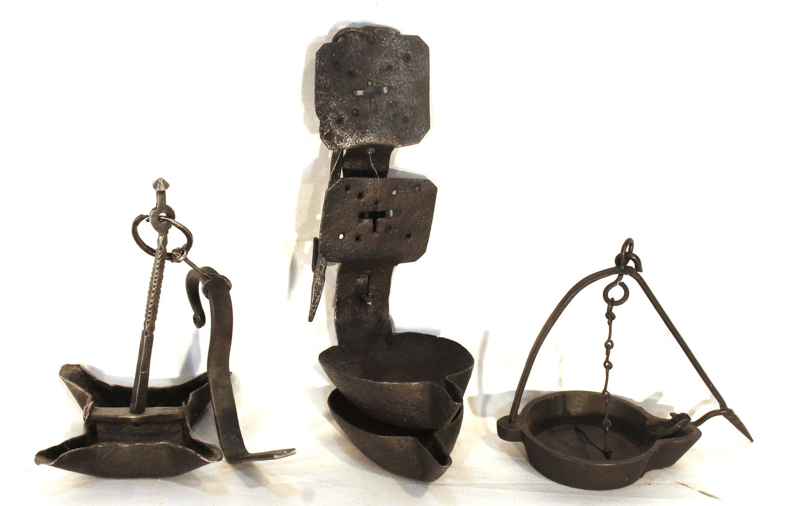 3 Primitive style iron betty lamps incl one double (1 of 10)