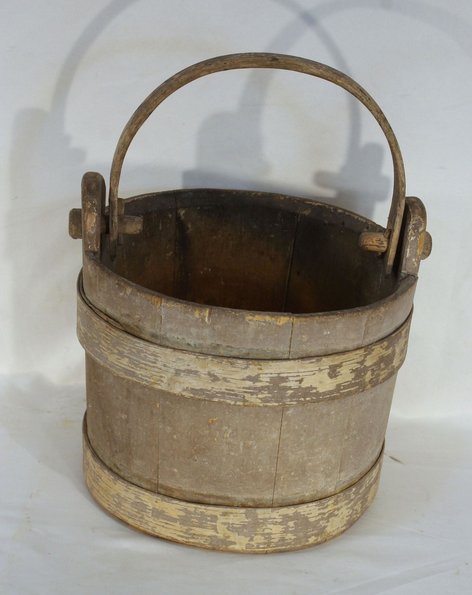 Antique firkin bucket in gray paint 7 1/2" tall x 9" diam opening