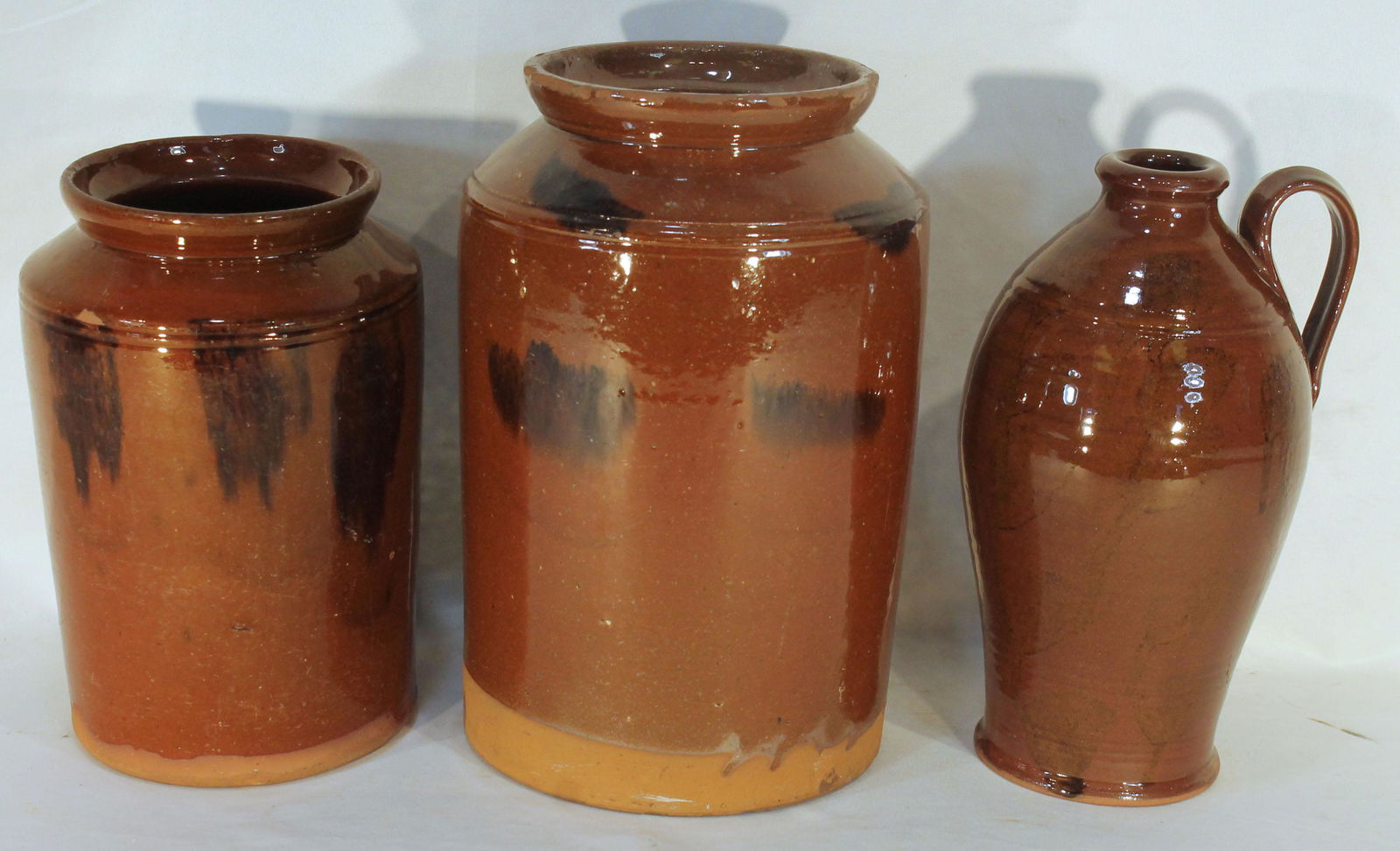 3 pcs redware incl 2 vintage jars & a contemporary jug marked Henderson's Redware Maine - 8 1/2" & (1 of 13)
