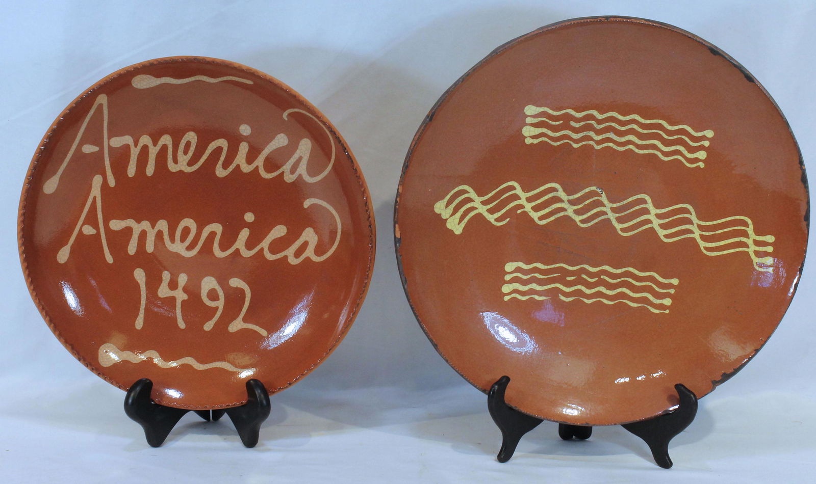 2 contemporary redware slip dec chargers - sgnd & dated Greg Shooner 1989 & 1992 - 13" & 15" diam (1 of 10)