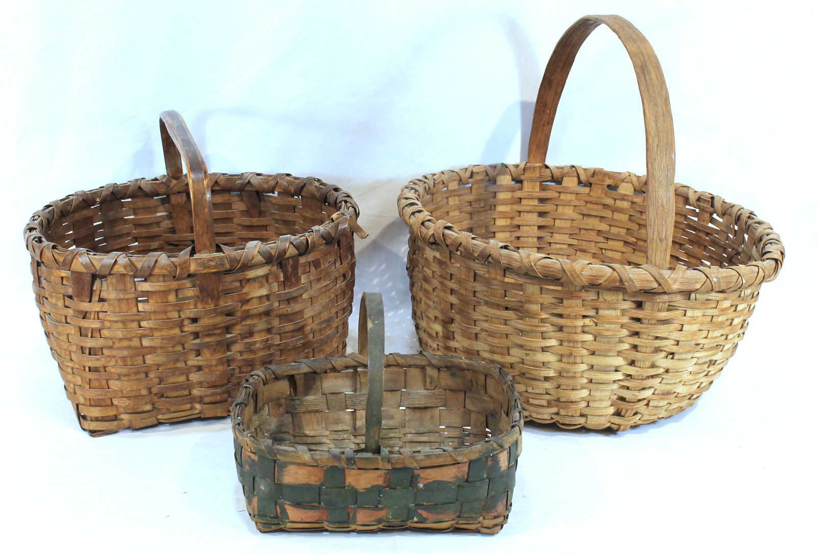 lot of 3 antique baskets w fixed handles incl 1 in green & traces of salmon paint - 9 1/2"x8"x7" (1 of 16)