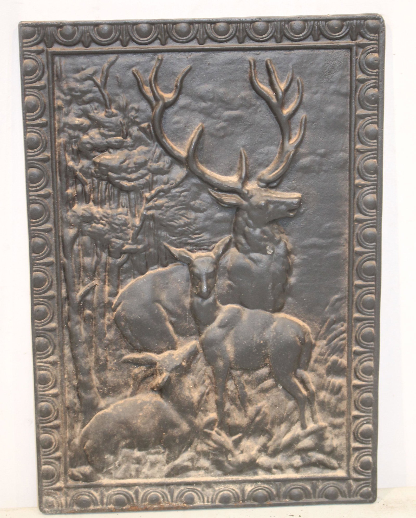 Contemporary antique style cast iron fire back w stag, doe & fawn dec - 22" tall x 15" wide (1 of 2)