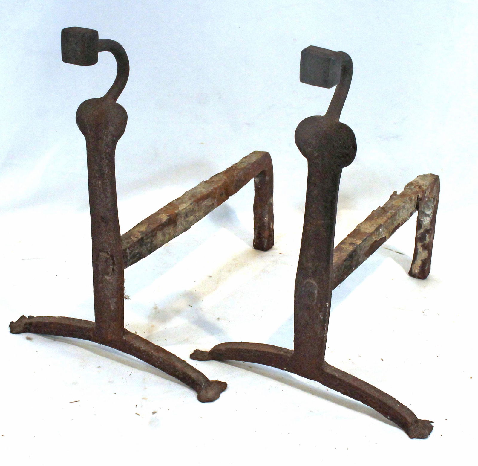 pr of wrought iron andirons w as found penny feet & square finials - 12 1/2" tall x 11 1/2" deep (1 of 7)