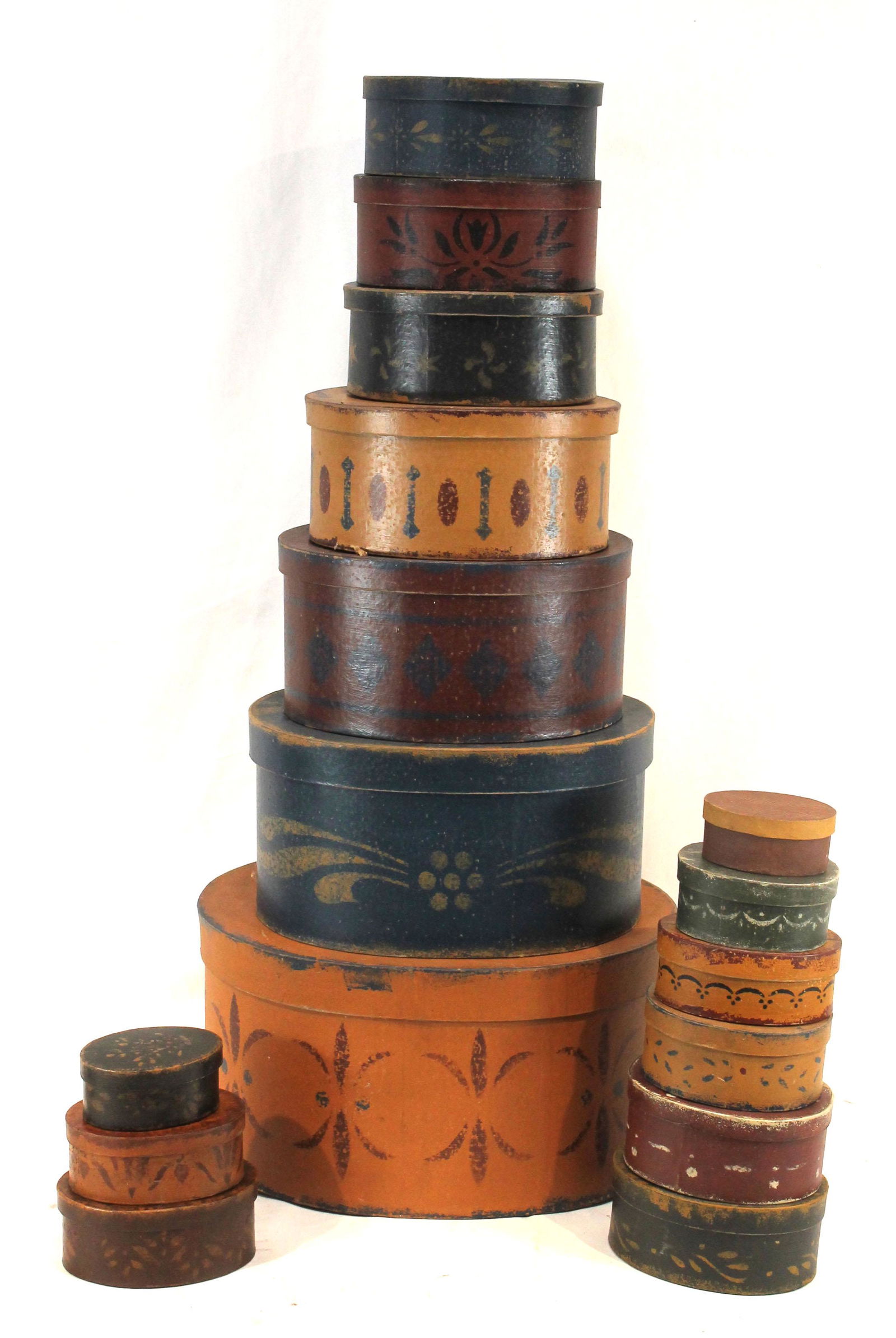 Collection of 16 primitive style graduated paint dec cardboard oval pantry boxes - 3 1/2"-14" (1 of 5)