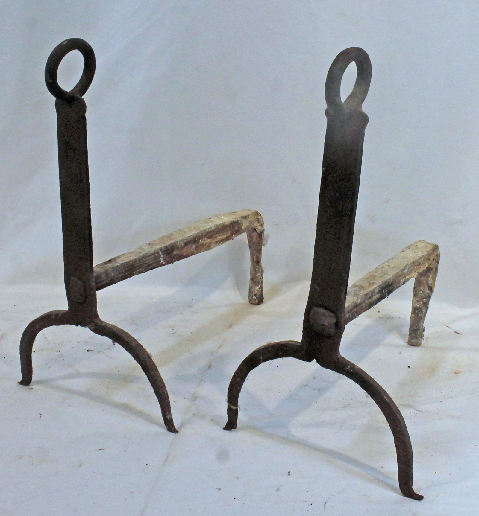 Pr of wrought iron andirons w ring finials - approx 14 1/2" tall x 12" deep (1 of 8)