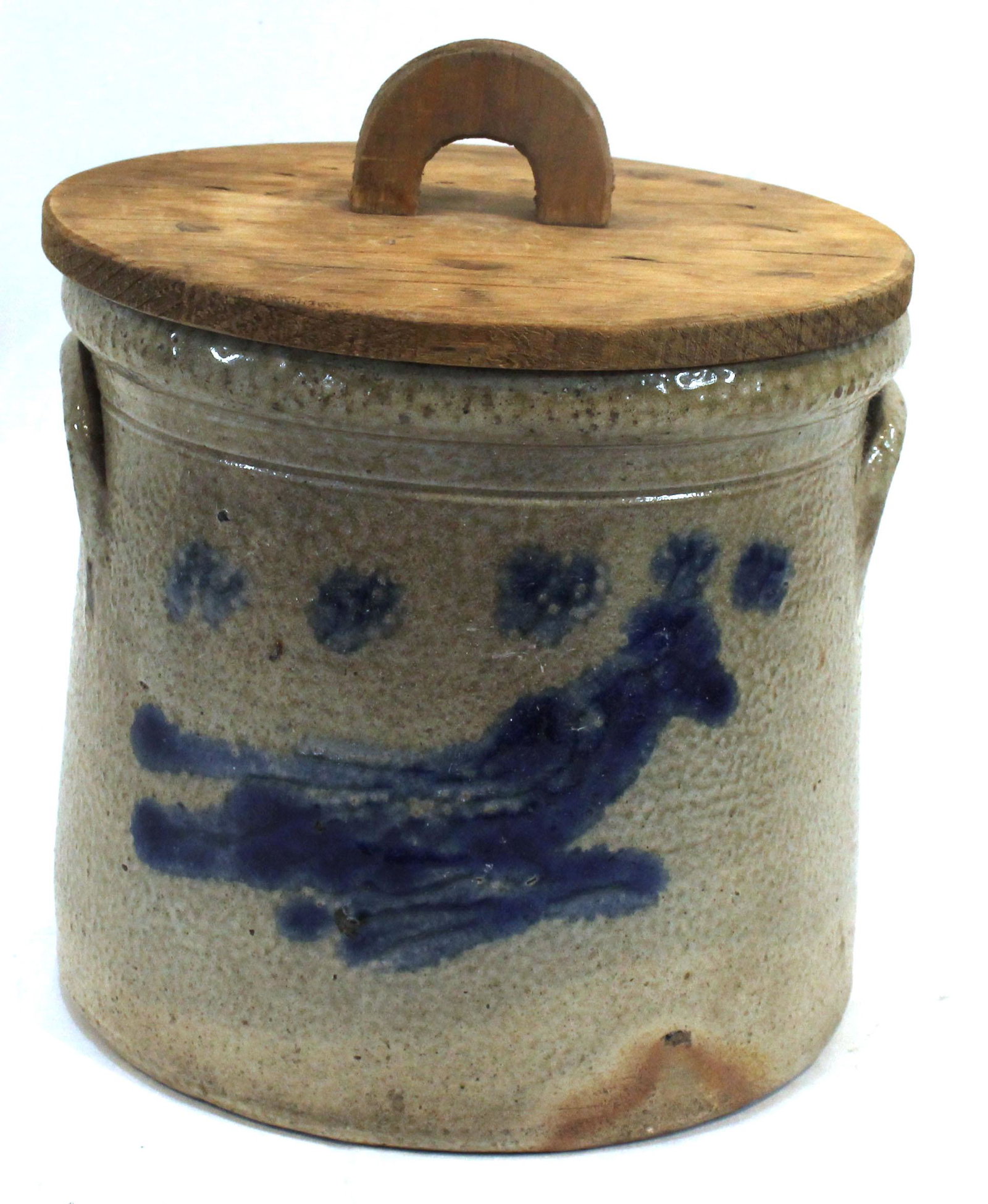 Stoneware crock w cobalt bid dec & wooden lid - 7 1/2" tall x 8" diam: Stoneware crock w cobalt bid dec & wooden lid - 7 1/2" tall x 8" diam