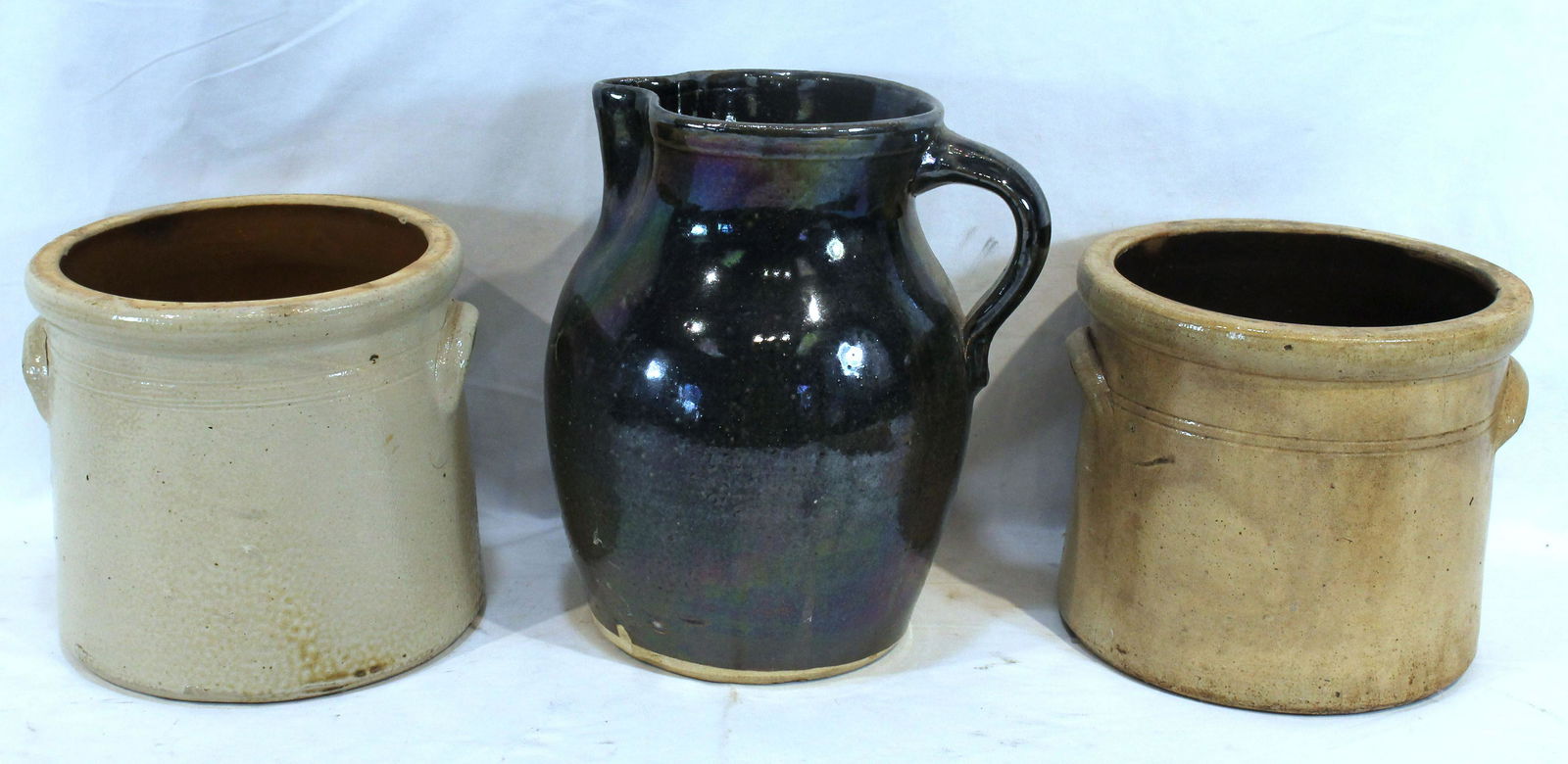3 pcs of stoneware incl 2 crocks & a pitcher - crocks are approx 8" diam & pitcher is 10 1/4" tall (1 of 11)